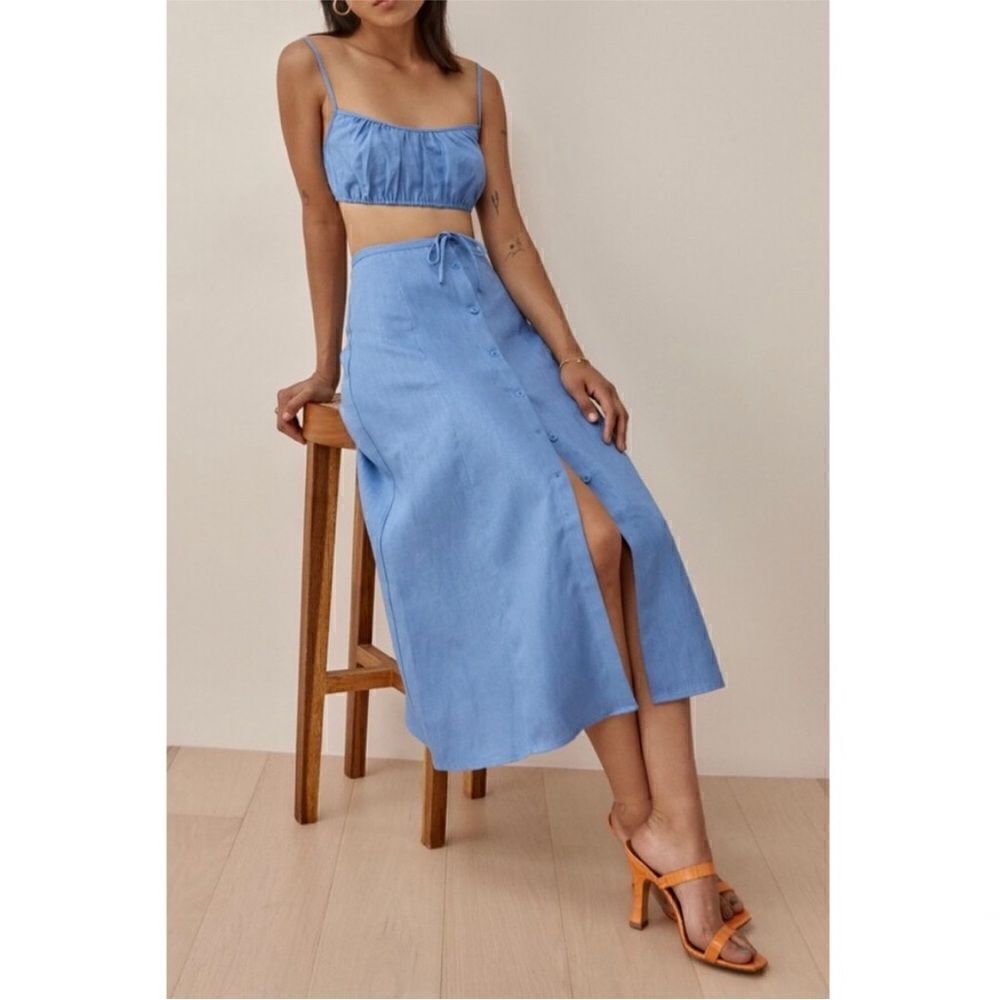 REFORMATION KAMREN TWO-PIECE LINEN DRESS IN PARISIAN BLUE size 12
